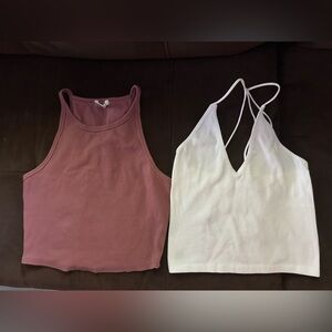 2 Pink and White Ribbed Tank Tops